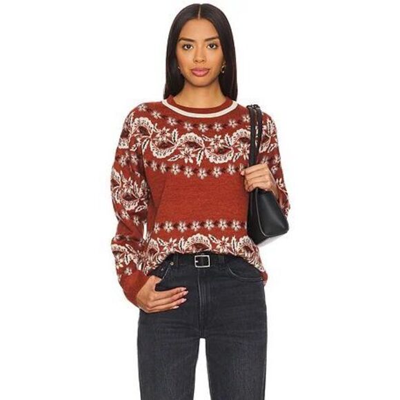 Cara Cara Floral Fair Isle Wool Sweater Women Rust Orange Medium